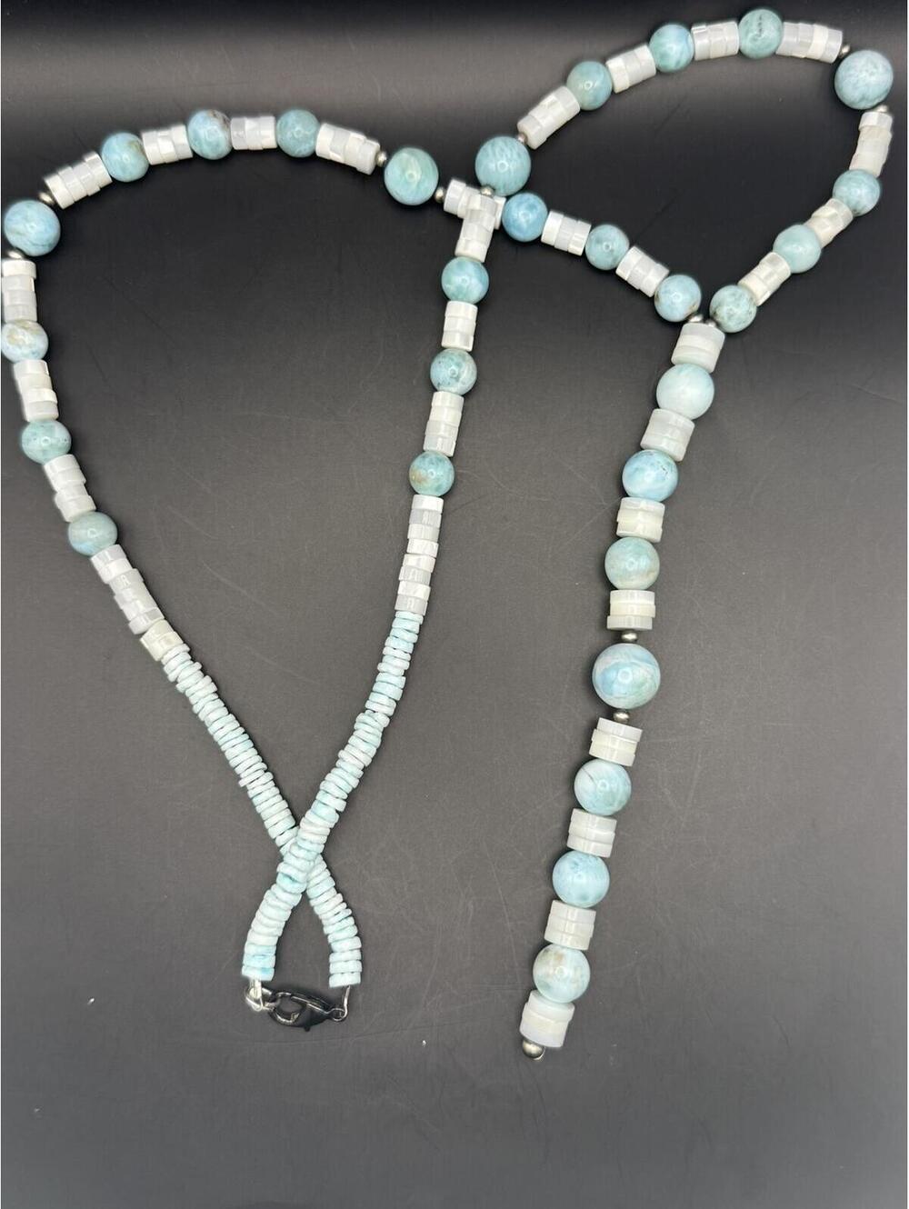 Coastal Caribbean Larimar & MOP White Shell Heishi Lariat Necklace 20 - 22" - Picture 6 of 9